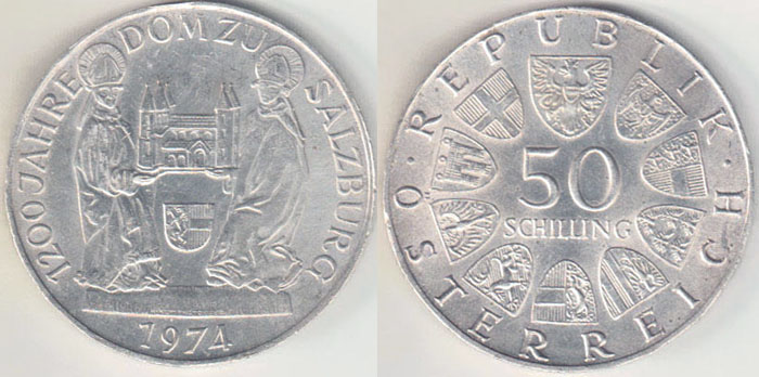 1974 Austria silver 50 Schilling (Salzburg Cathedral) A000020 - Click Image to Close